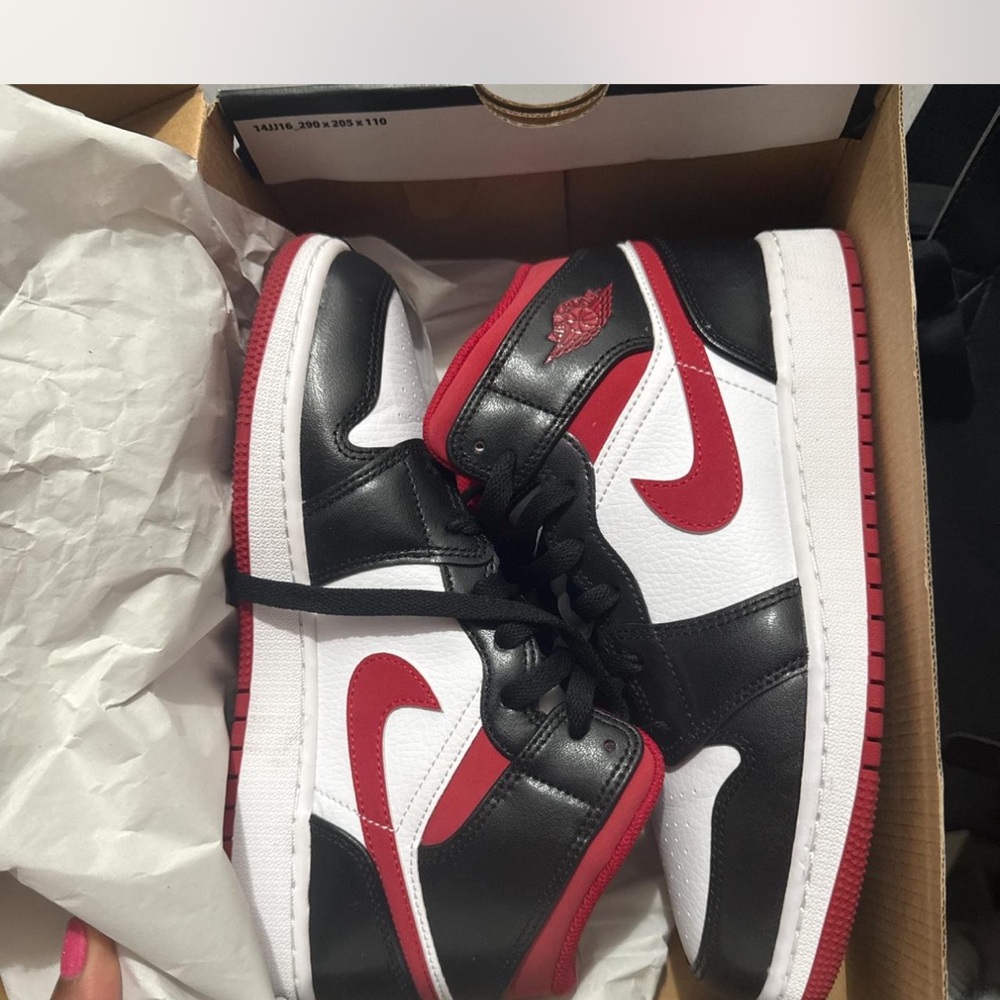 Jordan Air Mid White, Red, and Black Sneakers